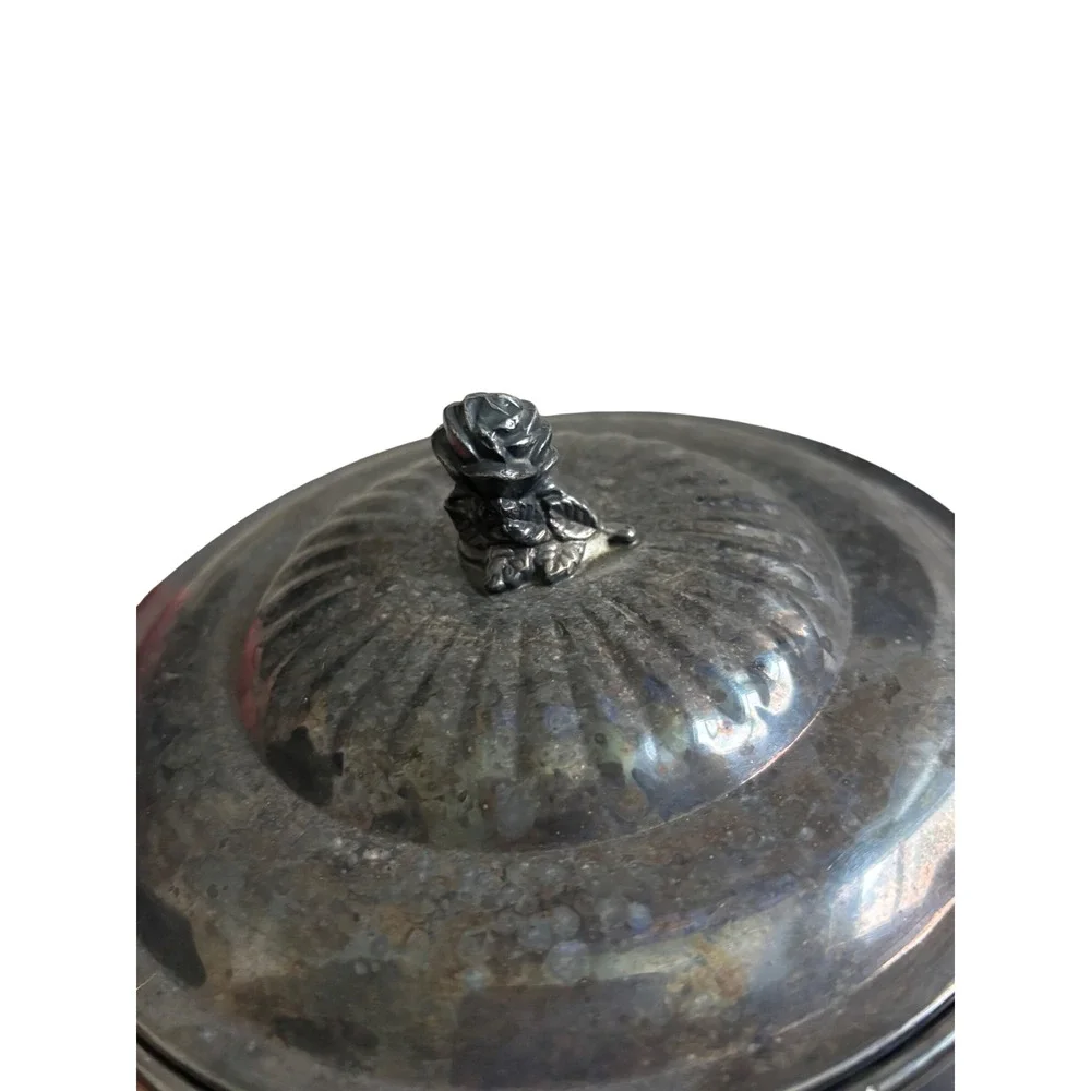 Wallace Silverplate Rose Finial Round Trinket Box Vintage‎ 9330 Gadroon Edge USA